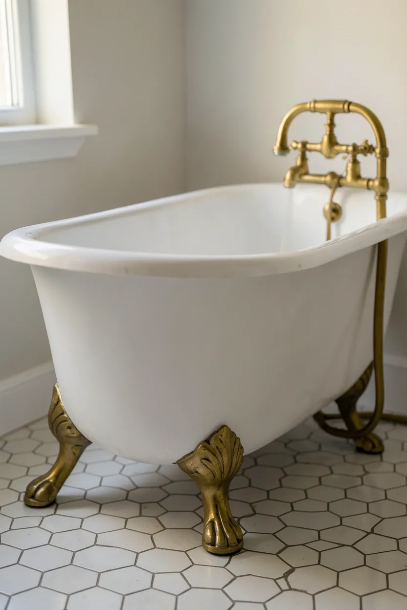 White freestanding clawfoot tub with vintage brass floor-mounted faucet in a bright modern farmhouse bathroom