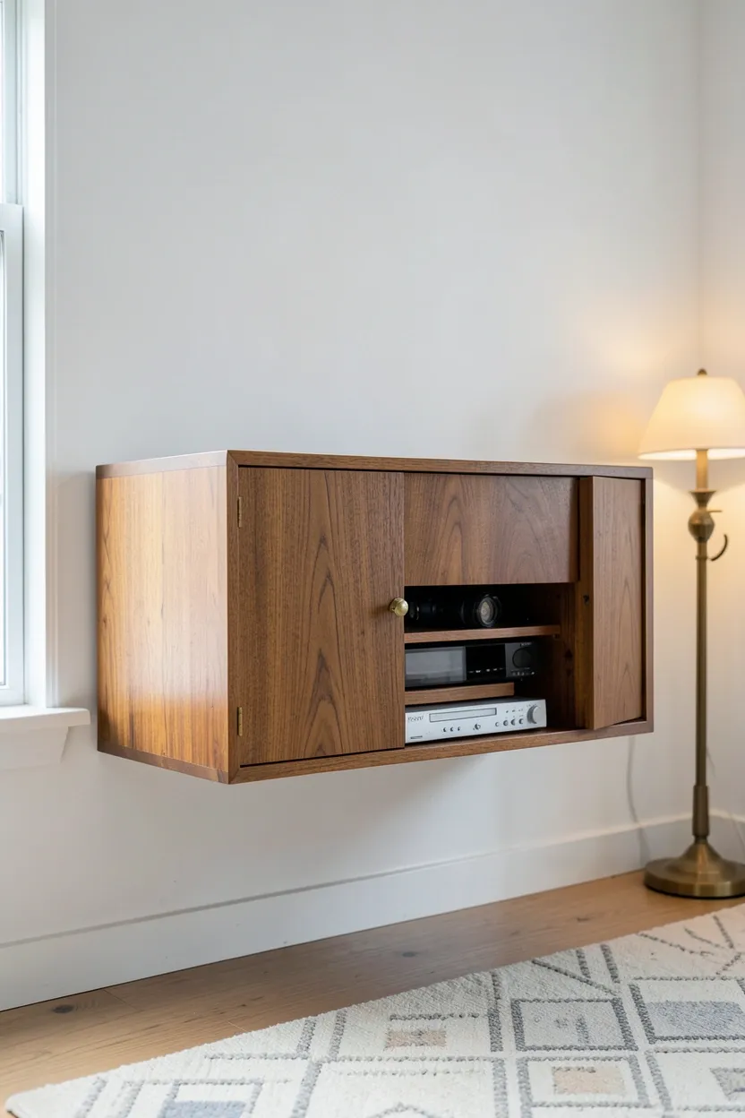 Wall-mounted teak media cabinet with tambour sliding doors in a clean mid-century Scandinavian living room