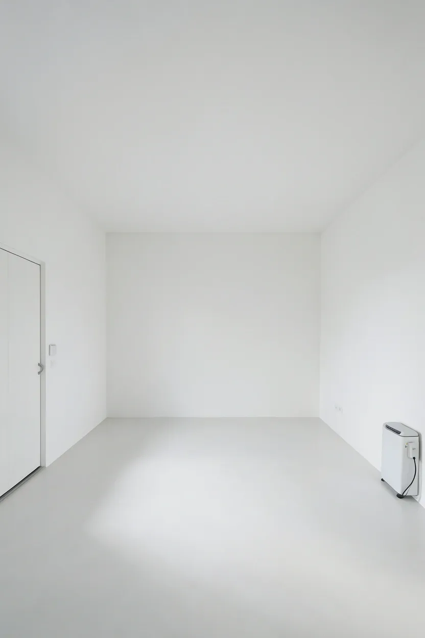 Minimal small gym room with intentional negative space — three walls completely bare, equipment on one wall only, creating breathing room and visual calm