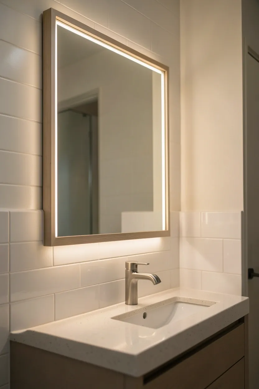 Round LED mirror with built-in backlight above apartment bathroom vanity, plug-in style requiring no electrical work