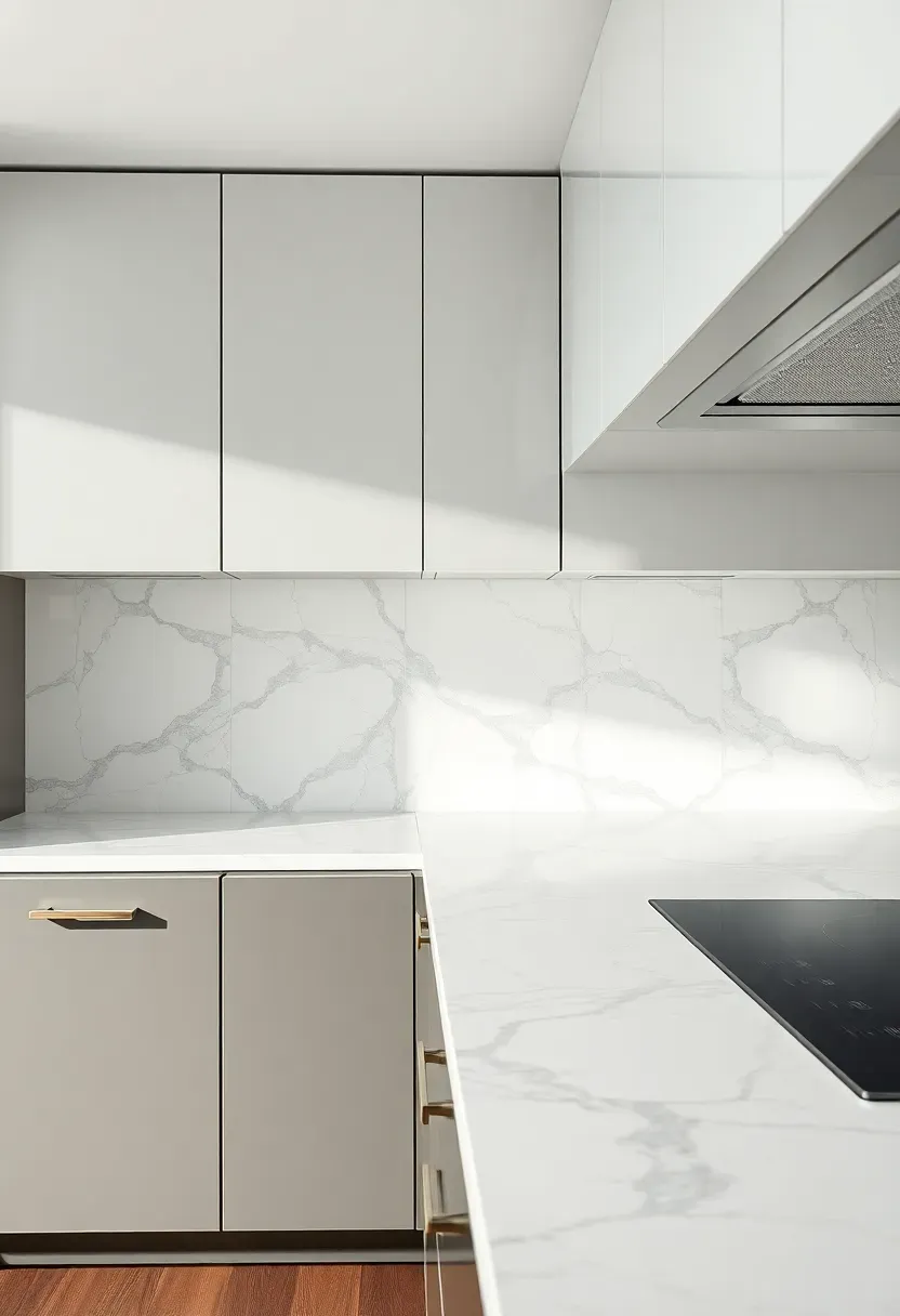 large format porcelain slab backsplash in veined white marble look running from countertop to ceiling in a modern kitchen