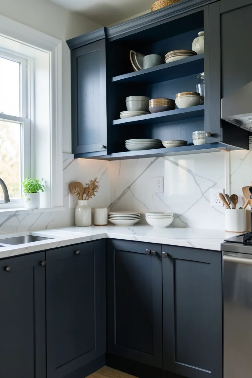 Hyper-realistic eye-level photograph of a modern kitchen with charcoal cabinets, indigo open shelving, white marble backsplash, curated dishware display. Soft natural light from window. Materials: indigo wood finish, white marble, charcoal cabinetry. Colorful mood. Shallow depth of field, sharp details on shelf styling. No text, no logos, no watermarks.</p>