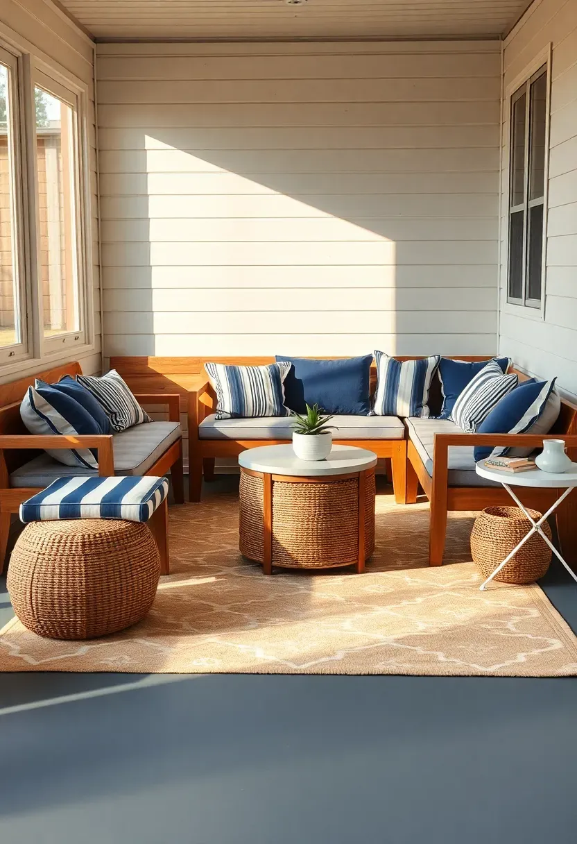 Modular outdoor seating pieces arranged in an L-shape on a budget sun room porch with mix-and-match cushions