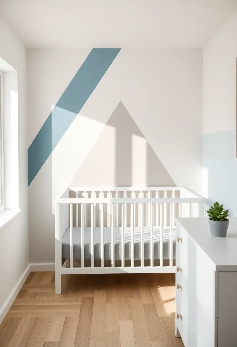 geometric accent wall boy nursery with triangular shapes in blue gray and white behind a modern crib
