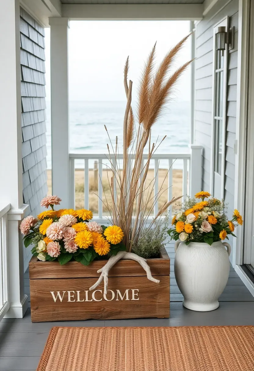 Hyper-realistic wide shot of a coastal front porch with muted fall decor. Weathered cedar planters contain mums in dusty rose and mustard yellow. Driftwood pieces frame the arrangements. A dried arrangement includes sea grass and beach roses. Porch has shingle siding in natural gray and a white front door. Visible ocean in distance through railing. Soft hazy daylight with coastal atmosphere. Woven welcome mat in natural fibers. No text, no logos, no watermarks.</p>