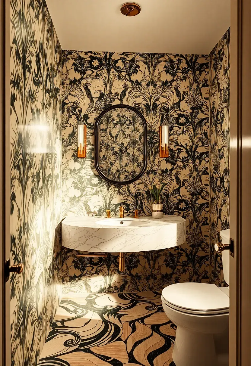 Maximalist powder room with layered bold floral wallpaper, patterned geometric tile floor, and ornate gilded mirror — pattern-on-pattern design