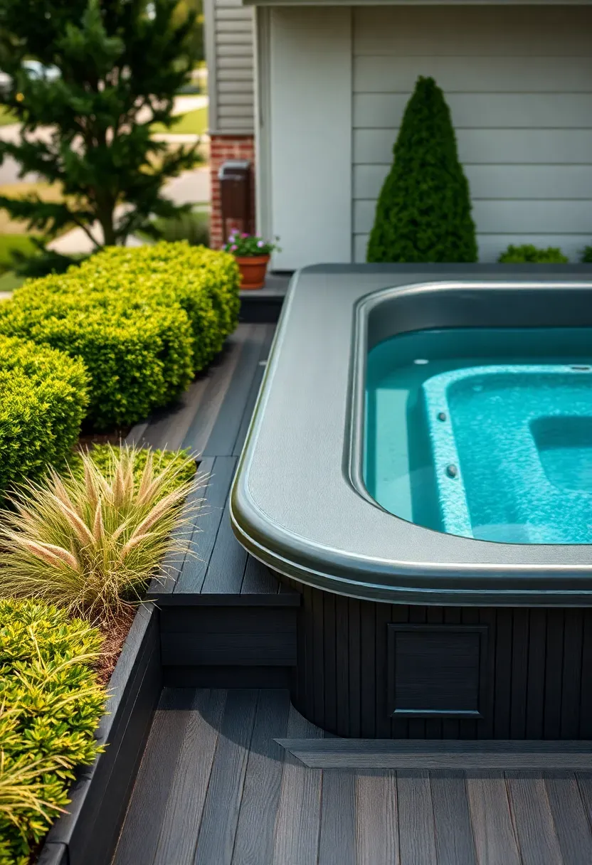 A semi-recessed swim spa with the top half visible above a wide step-down composite deck in a landscaped backyard