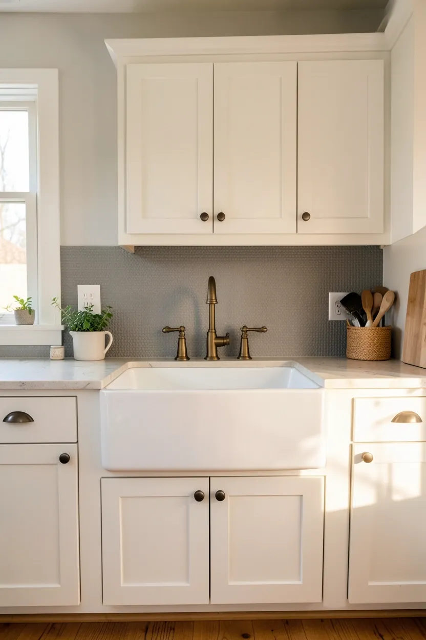 Soft gray beadboard backsplash with vertical grooves in a small farmhouse kitchen, painted in satin finish