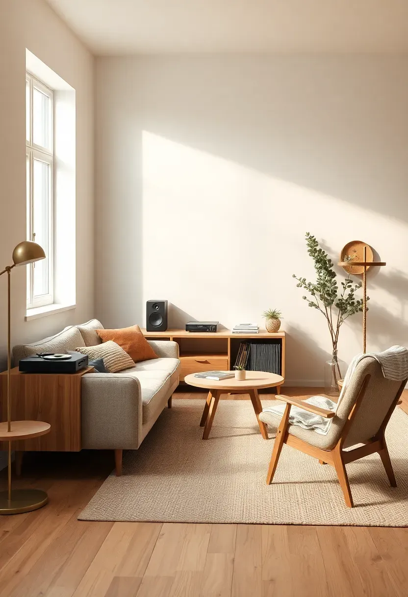 Record-console layout with two lounge chairs