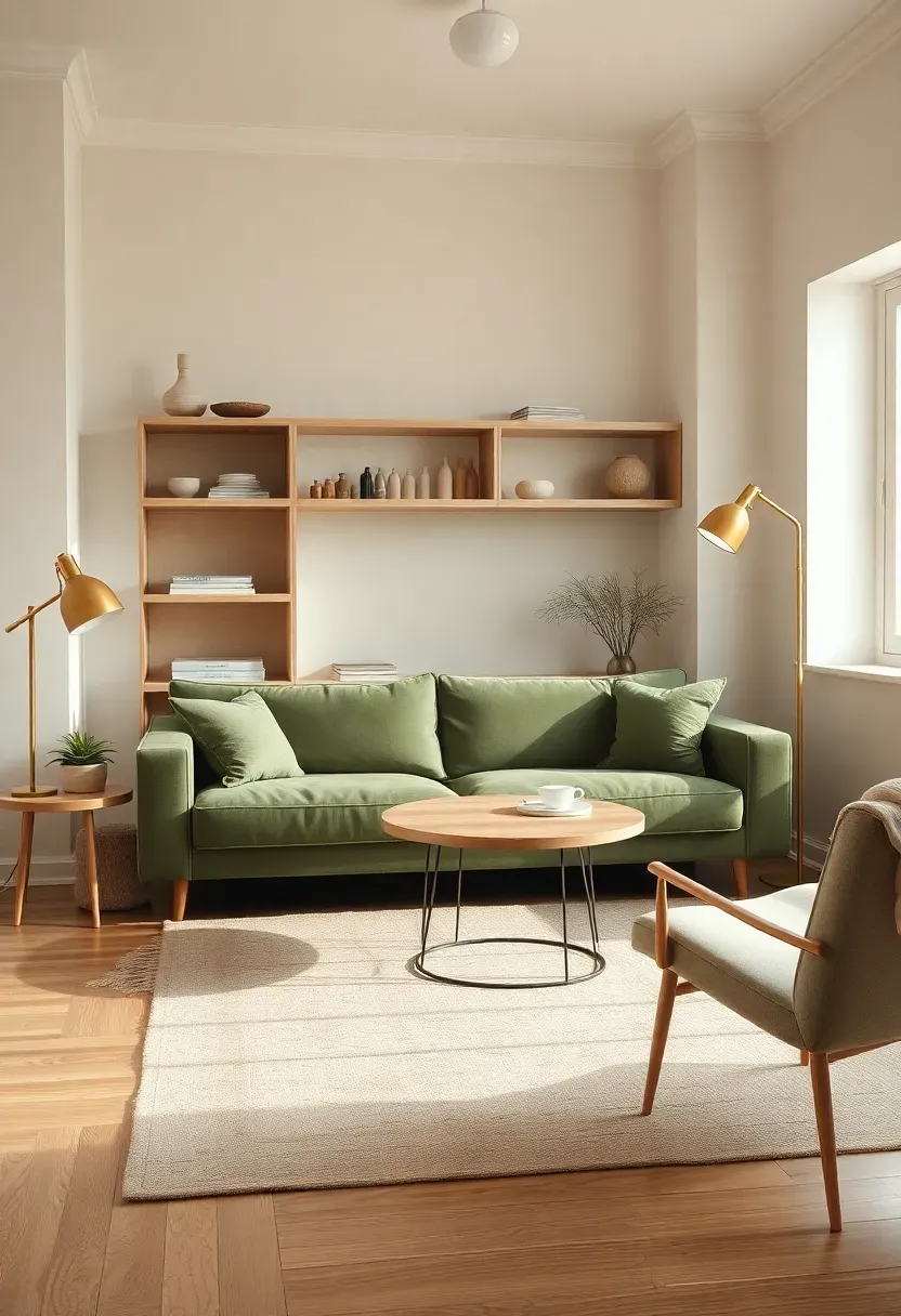 Window-facing green sofa with open shelving