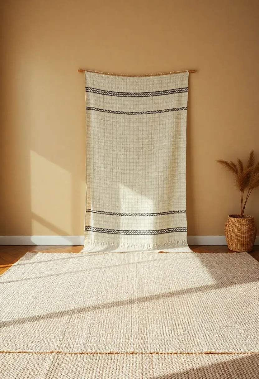 Cotton dhurrie with geometric pattern layered over a neutral jute rug in a boho minimalist rental living room
