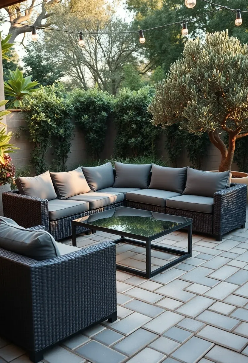 L-shaped outdoor sectional sofa with gray cushions on a paver patio with a glass coffee table and potted olive tree