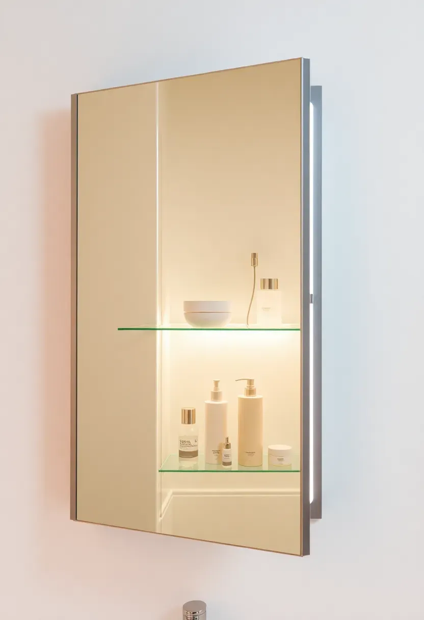 Recessed mirrored medicine cabinet built into a basement bathroom wall with interior LED lighting