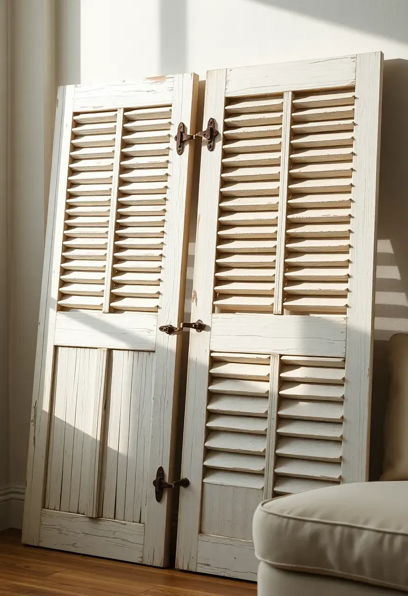 Pair of vintage wooden shutters with peeling paint leaning against a living room wall
