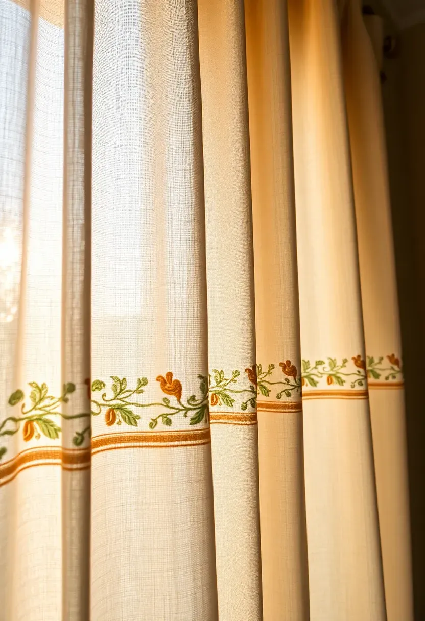 Hand-embroidered linen curtains with stylized floral pattern in green and gold in a craftsman bedroom
