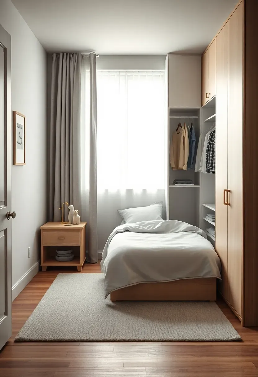 Hyper-realistic 3/4 view of serene minimalist children's bedroom with white twin bed, simple wood nightstand, built-in white closet with organized clothes, under-bed storage drawers. Materials: white wood, light oak, soft bedding. Soft diffused light through blackout curtains, calm restful mood. Minimal wall art, no visible clutter. Shallow depth of field on bed. No text, no logos, no watermarks.</p>