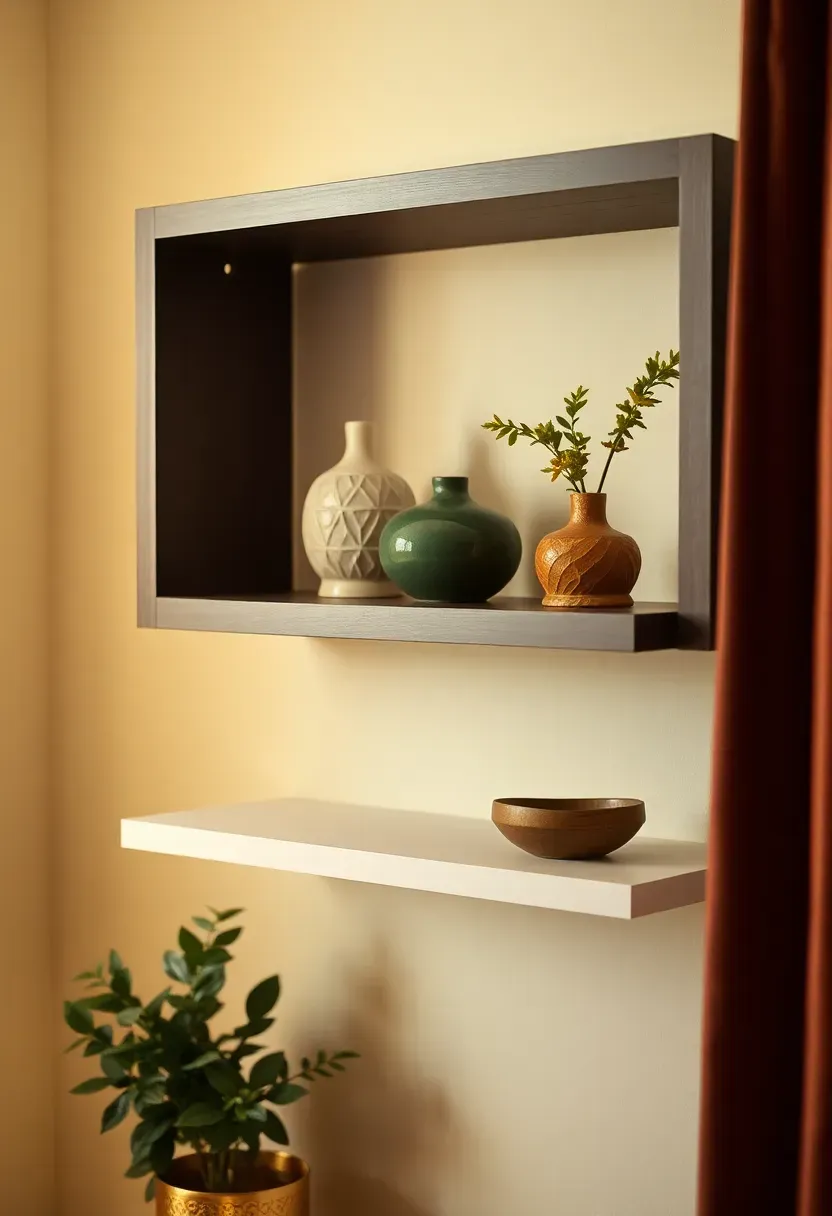 Two small decorative objects being removed from a styled floating shelf and placed to one side — the shelf behind becoming visibly cleaner and more intentional without them, editing in progress