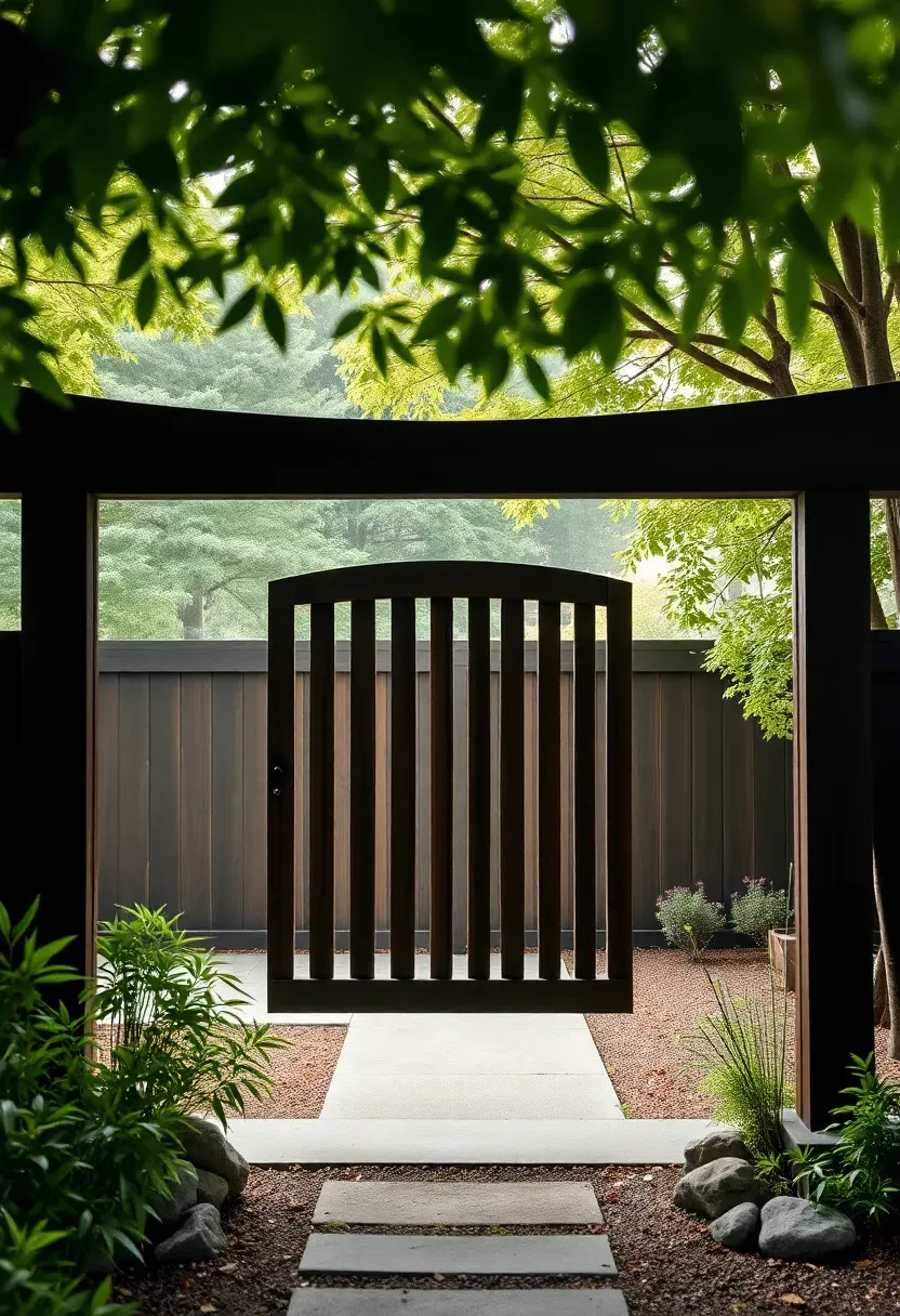 Japanese torii-inspired backyard gate with a curved crossbeam on top and simple vertical slats in dark stained wood