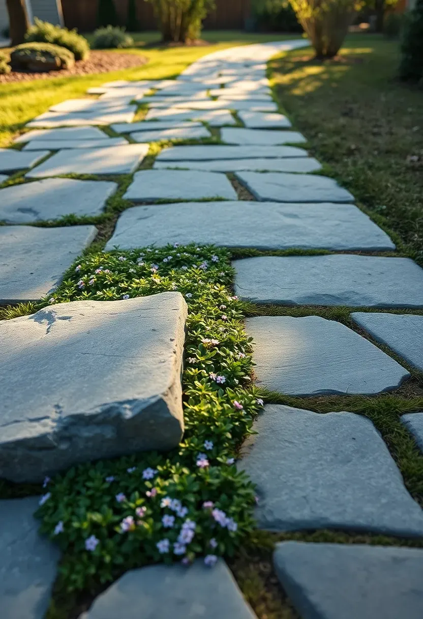 Large irregular natural stone slabs forming a walkway across a backyard with low ground cover growing between the joints