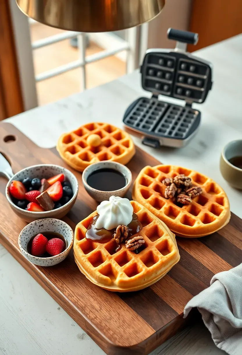 brunch waffle station with golden waffles on a wooden board surrounded by bowls of fresh berries whipped cream chocolate sauce and maple syrup