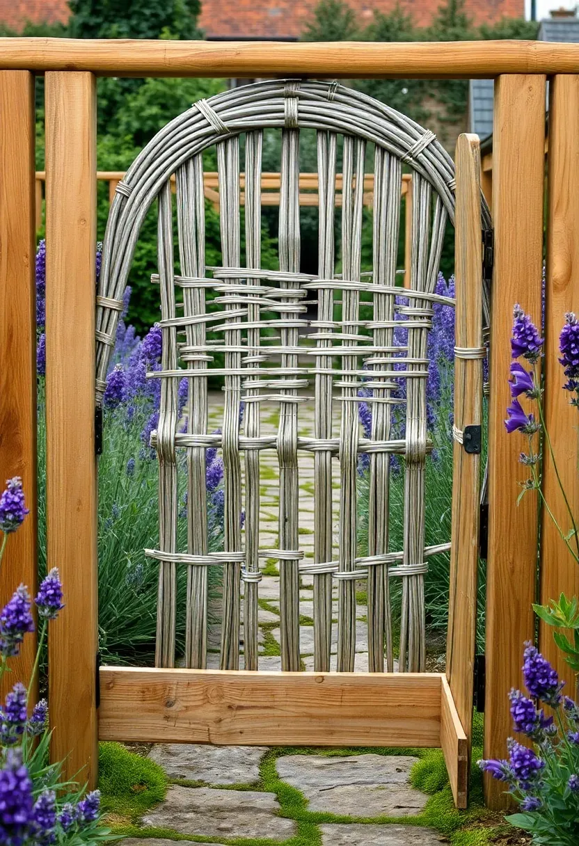 Handwoven willow garden gate with natural branch texture in a cottage garden with wildflowers and a stone path