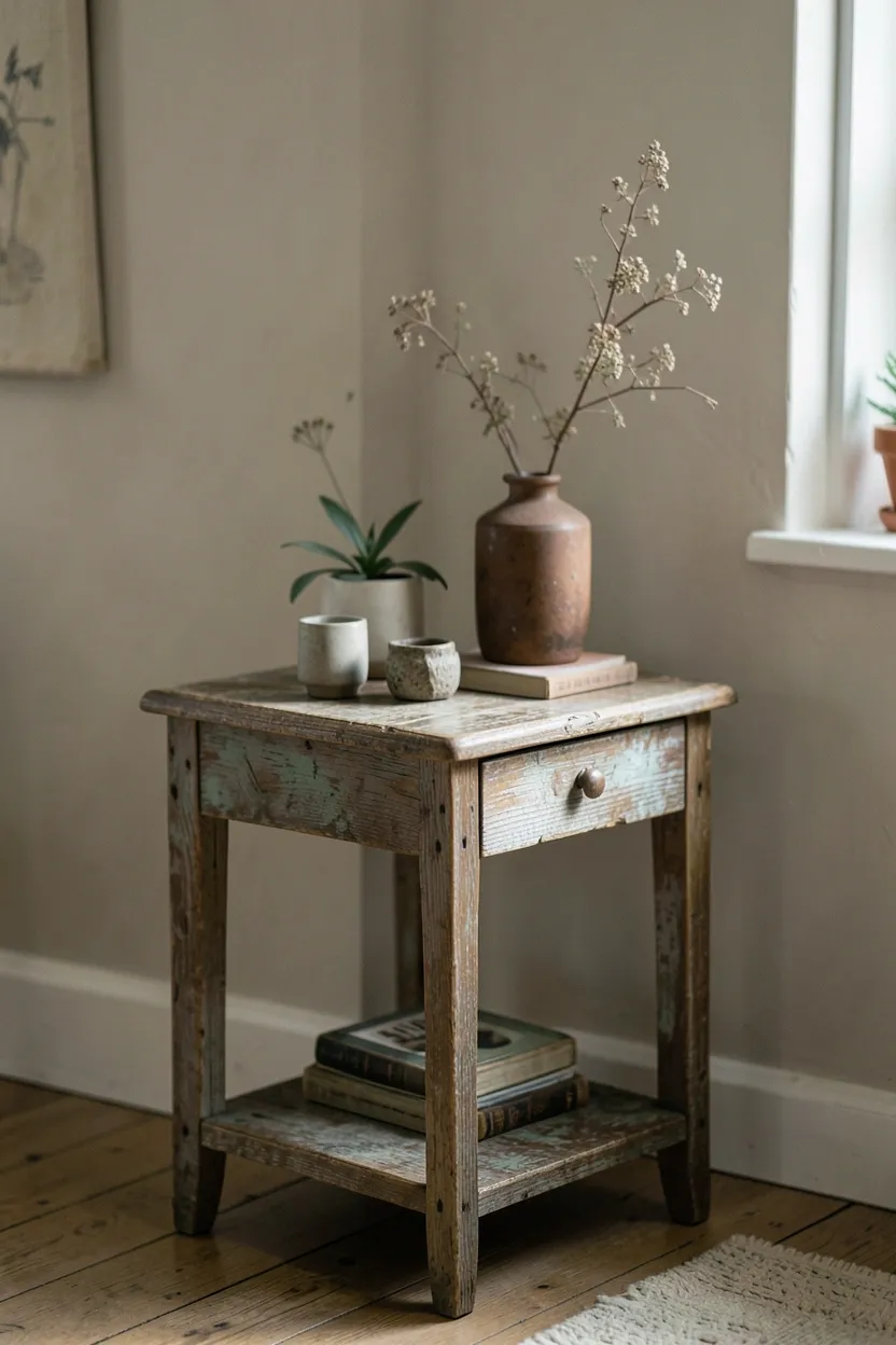 Vintage natural wood side table with patina beside a cream sofa, displaying a small ceramic vase and dried botanicals in a boho Scandinavian rental living room