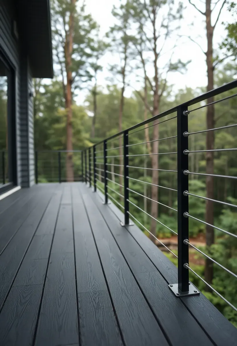 modern back deck with dark charcoal composite boards and horizontal stainless steel cable railing showing an unobstructed view of a wooded backyard