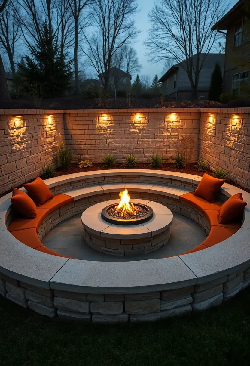 Sunken backyard fire pit lounge with limestone retaining walls, stone bench seating, and recessed LED lighting at dusk