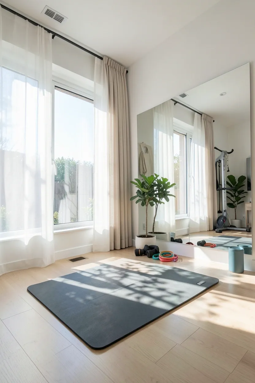 LED track lighting system on a small gym ceiling with adjustable directional fixtures illuminating the workout zone