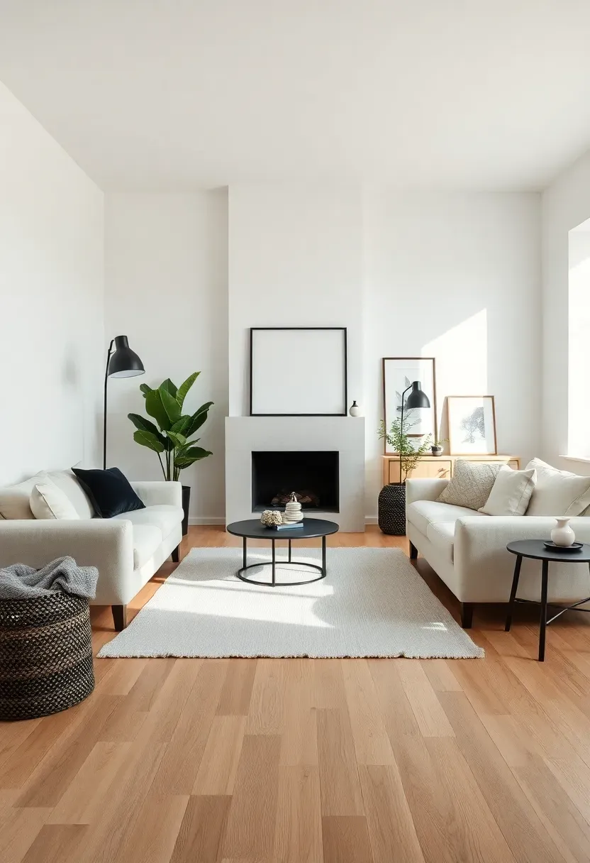 Hyper-realistic wide shot of neutral palette Scandinavian living room. White walls with subtle warmth variation, light oak wood floor, cream linen sofa, pale gray wool rug, black floor lamp and picture frames providing contrast, green fiddle leaf fig plant. All colors muted and restrained—cream, white, pale oak, soft gray, black accents, greenery only color pop. Bright natural light enhancing neutral scheme. Neutral palette mood showing calm timeless foundation, versatility evident in how objects stand out against restrained backdrop.</p>