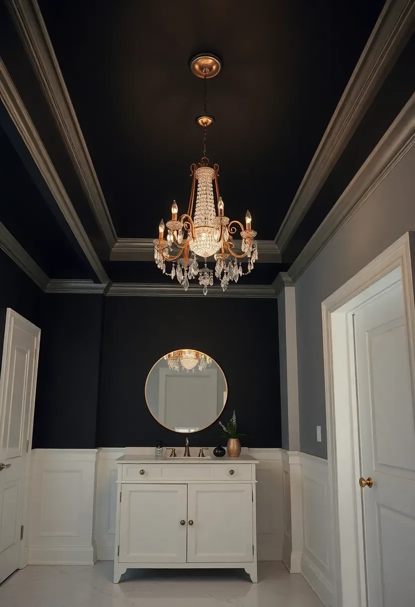 Dramatic black painted ceiling with bright white walls and white fixtures — bold monochrome bathroom design