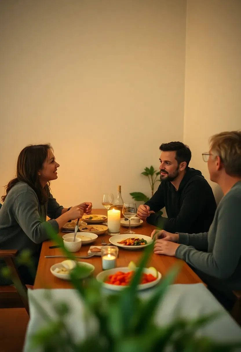 Hyper-realistic view of social minimalism in practice. Small intimate gathering of close friends in minimalist space: 3-4 people having meaningful conversation over simple meal. No party atmosphere, no large groups, no superficial socializing. Quality time visible through focused attention, engaged body language. Warm lighting, simple food, comfortable seating arrangements. Social curation mood showing how depth of connection matters more than number of social contacts or size of social circle.</p>