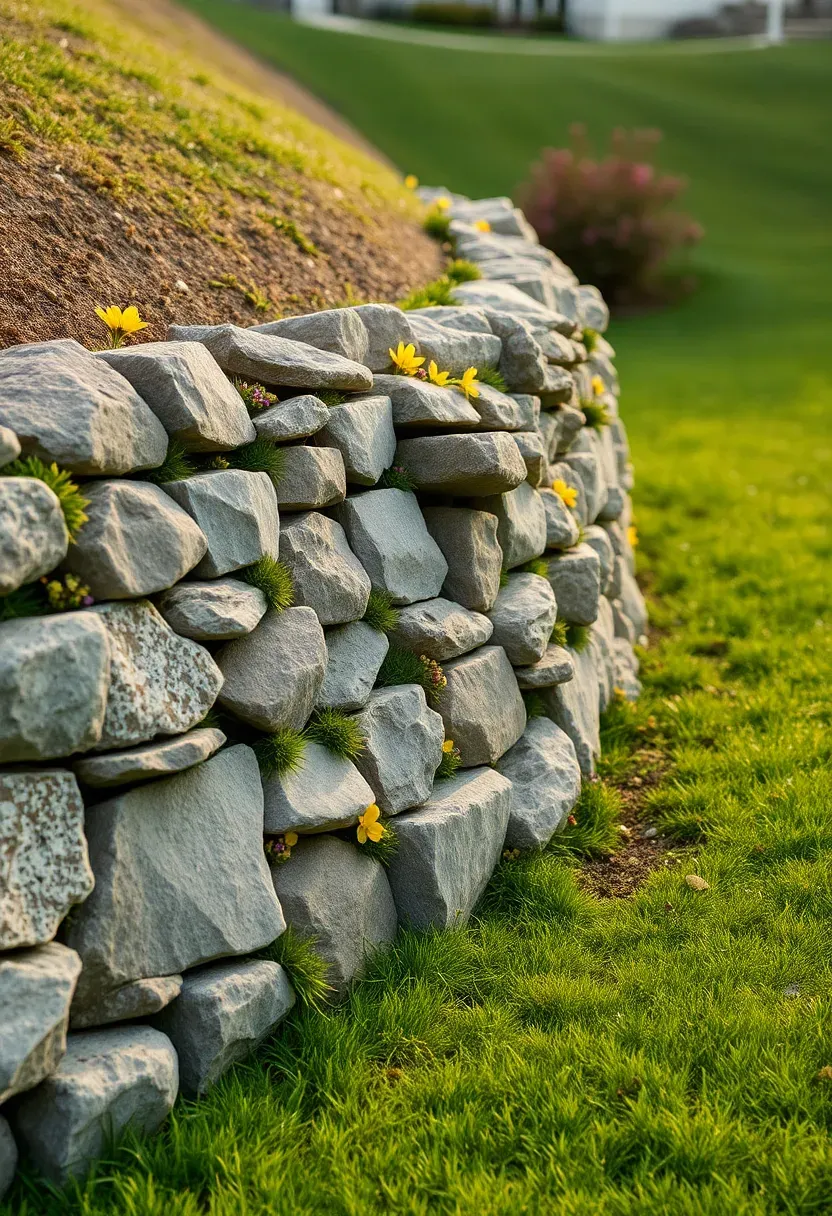 Rustic dry-stacked fieldstone retaining wall along a sloped backyard with wildflowers growing in the crevices between stones