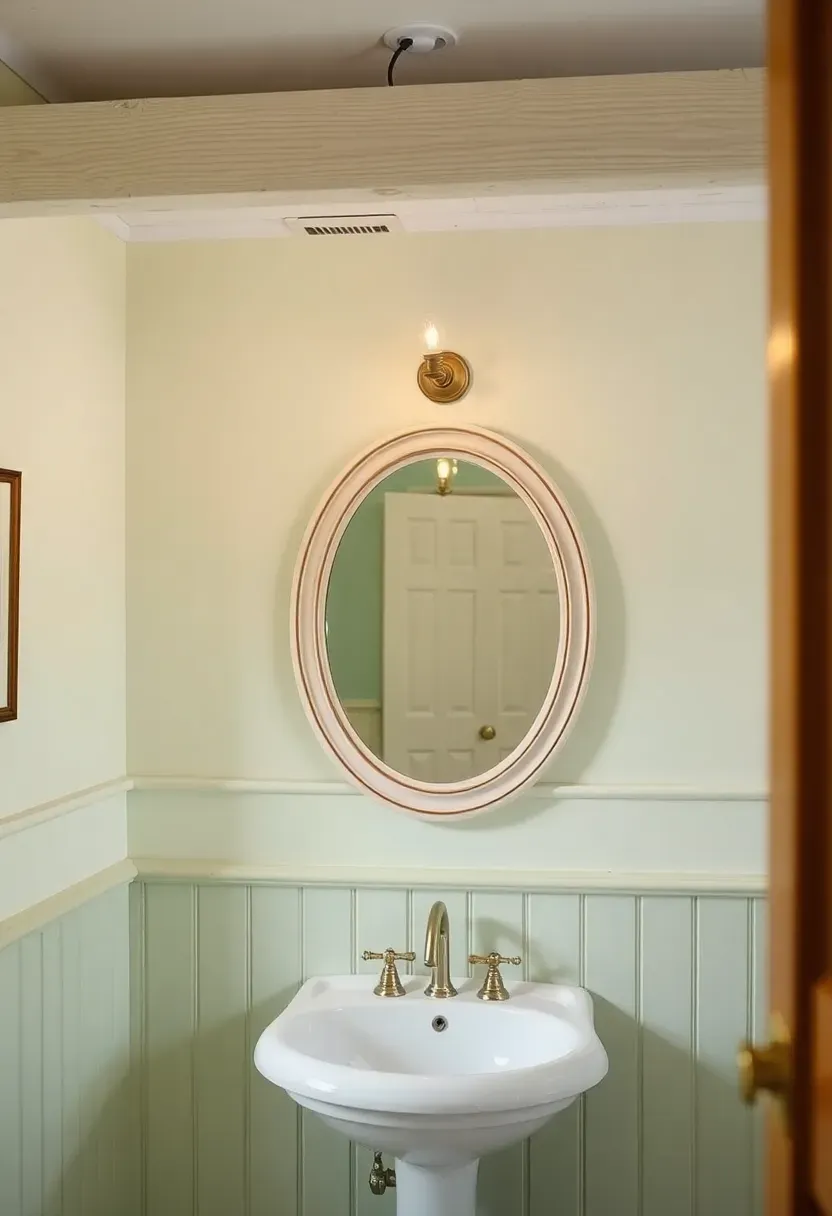 Whitewashed wood beam light with three small bulbs above a vintage mirror in a cottage bathroom with painted wainscot and pastel walls