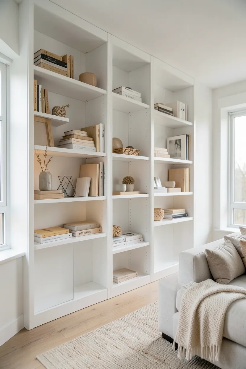 Floor-to-ceiling white built-in shelving with organized books and minimal decor in a Scandinavian apartment living room