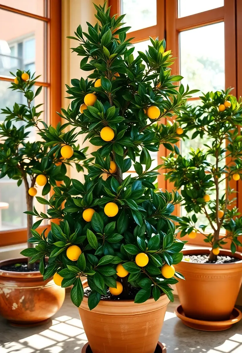 Three potted dwarf citrus trees in large terracotta pots arranged in a sunny sunroom corner with glossy green leaves and small bright lemons visible
