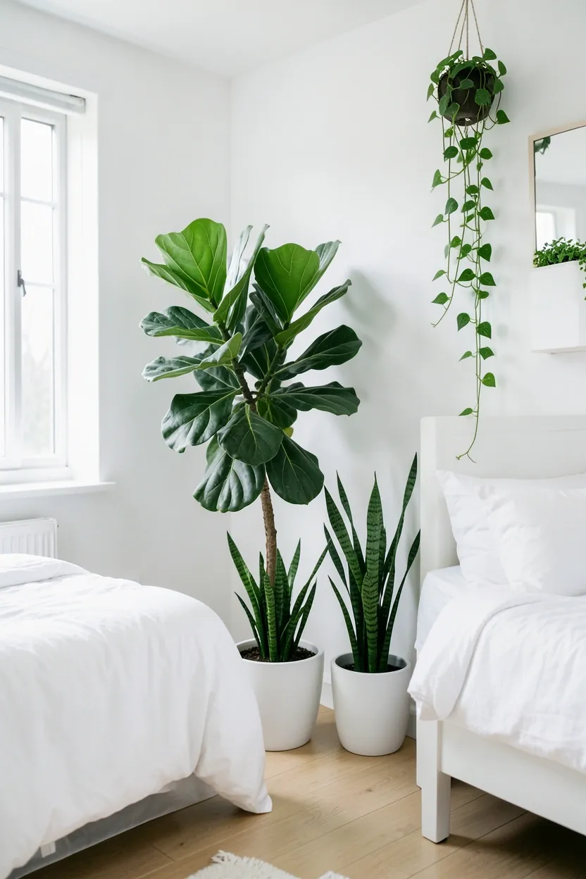 White bedroom with fiddle leaf fig, pothos on floating shelf, and snake plant in white ceramic pot — indoor plants in a bright white bedroom