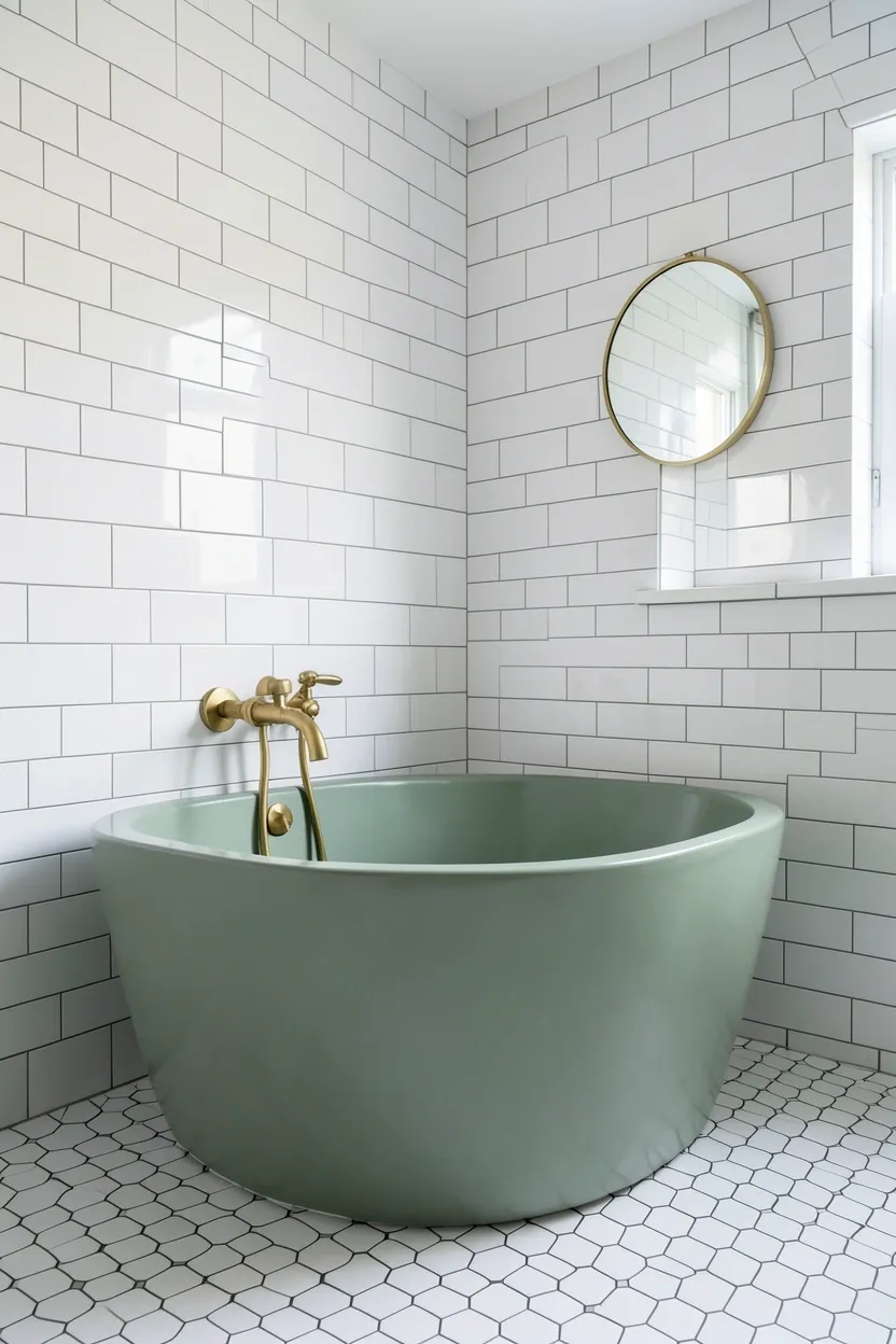 Hyper-realistic 3/4 view of a modern green bathroom featuring sage green freestanding bathtub with brass faucet and floor-mounted fixtures, white subway tile walls, white hexagon floor tiles, small round mirror on wall. Natural light. Materials: sage green porcelain tub, brass fixtures, white ceramic tiles, white hexagon tiles. Sculptural green tub centerpiece. Clean modern aesthetic. No text, no logos, no watermarks.</p>