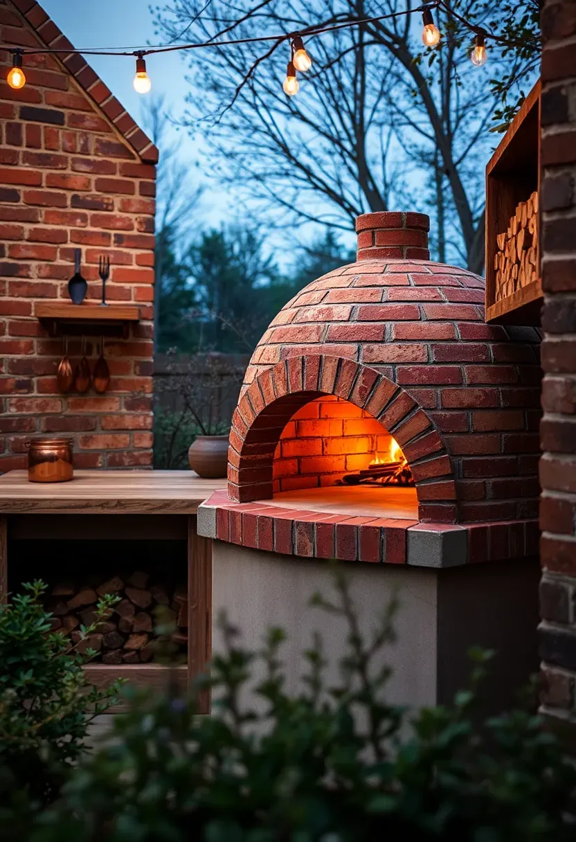 Hyper-realistic 3/4 view of a rustic outdoor corner featuring a domed brick pizza oven on a concrete base, adjacent prep counter with reclaimed wood surface, copper utensil holders, and stacked firewood niche. Materials: reclaimed brick, honed concrete, weathered wood, copper accents. Warm firelight glow from oven mouth, dusk setting with string lights overhead. Cozy authentic mood, shallow depth of field with sharp focus on brick texture and oven opening, herb planters visible in foreground. No text, no logos, no watermarks.</p>