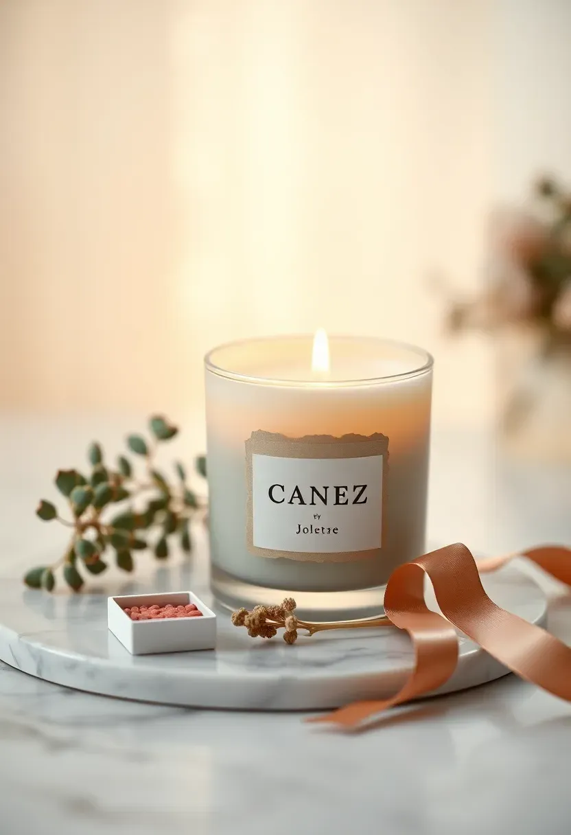 personalized candle in matte white glass with kraft label and dried eucalyptus on marble tray