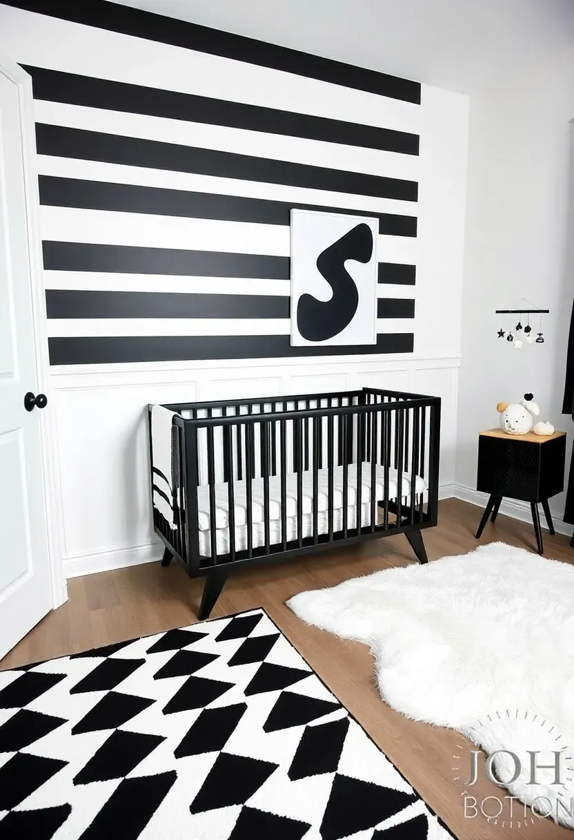 Black and white monochrome nursery corner with geometric patterns