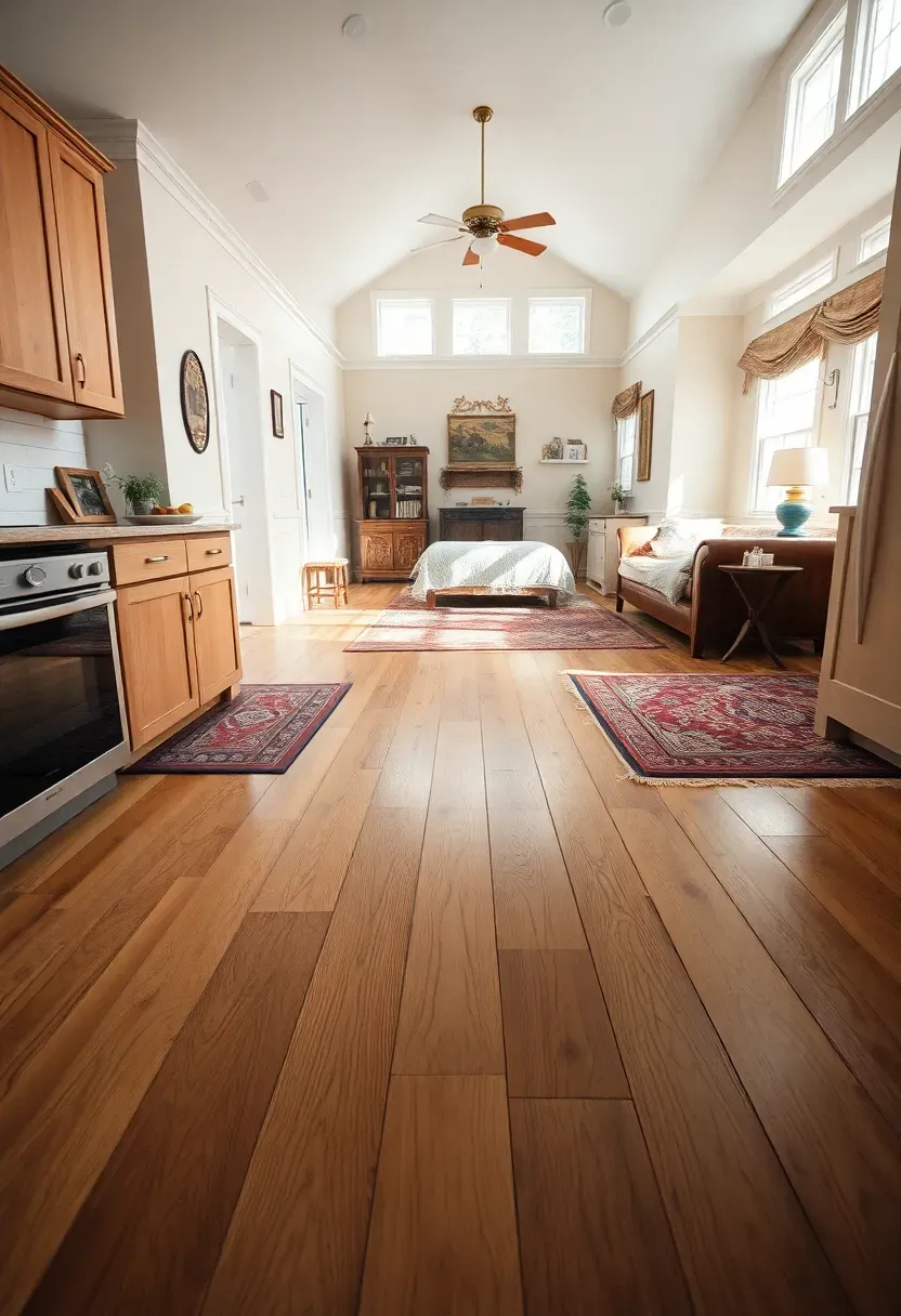 Hyper-realistic high-angle shot showing wide-plank flooring flowing through tiny colonial house. Flooring shows continuous 5-inch oak planks running from kitchen foreground through living area to bedroom beyond. Materials: natural finish wide-plank oak with subtle grain, cream walls with white baseboard, area rugs defining zones. Bright natural light from multiple windows, emphasizing the continuous floor plane and visual flow. Shallow depth of field showing plank textures and floor details. Visible room context—kitchen cabinets left, sofa center, bed right. Spacious colonial mood achieved through continuity.</p>