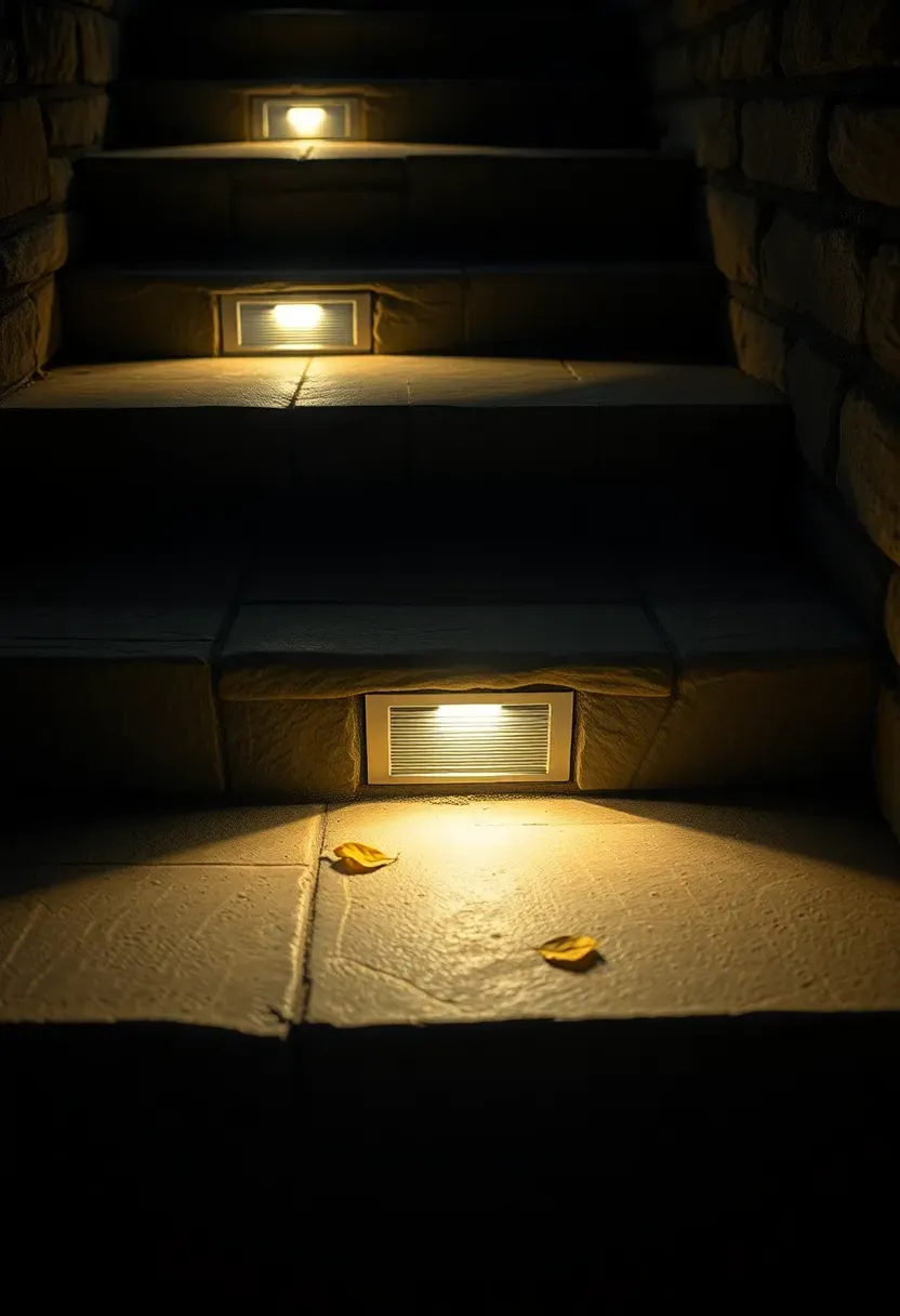 Small rectangular recessed LED step lights set into stone patio stairs casting a soft downward beam across each step tread
