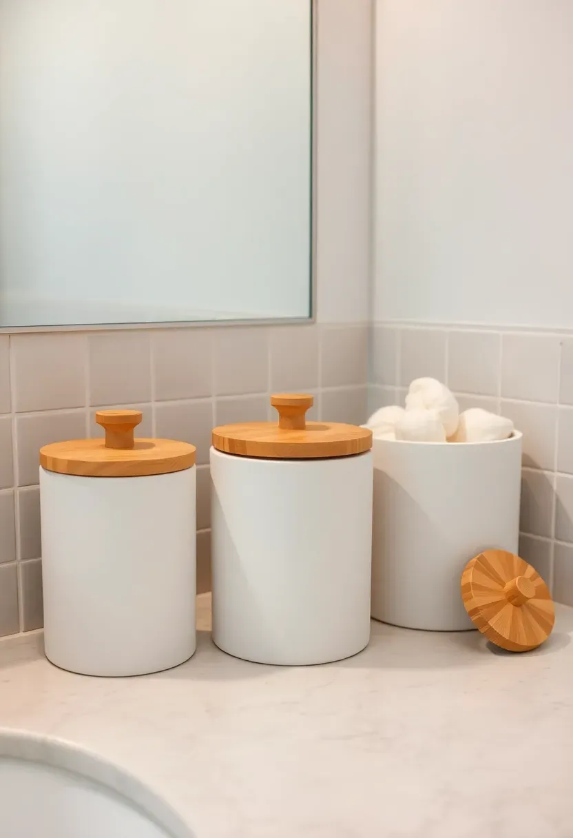 Set of matching white ceramic canisters with wooden lids on a bathroom counter holding cotton rounds and swabs