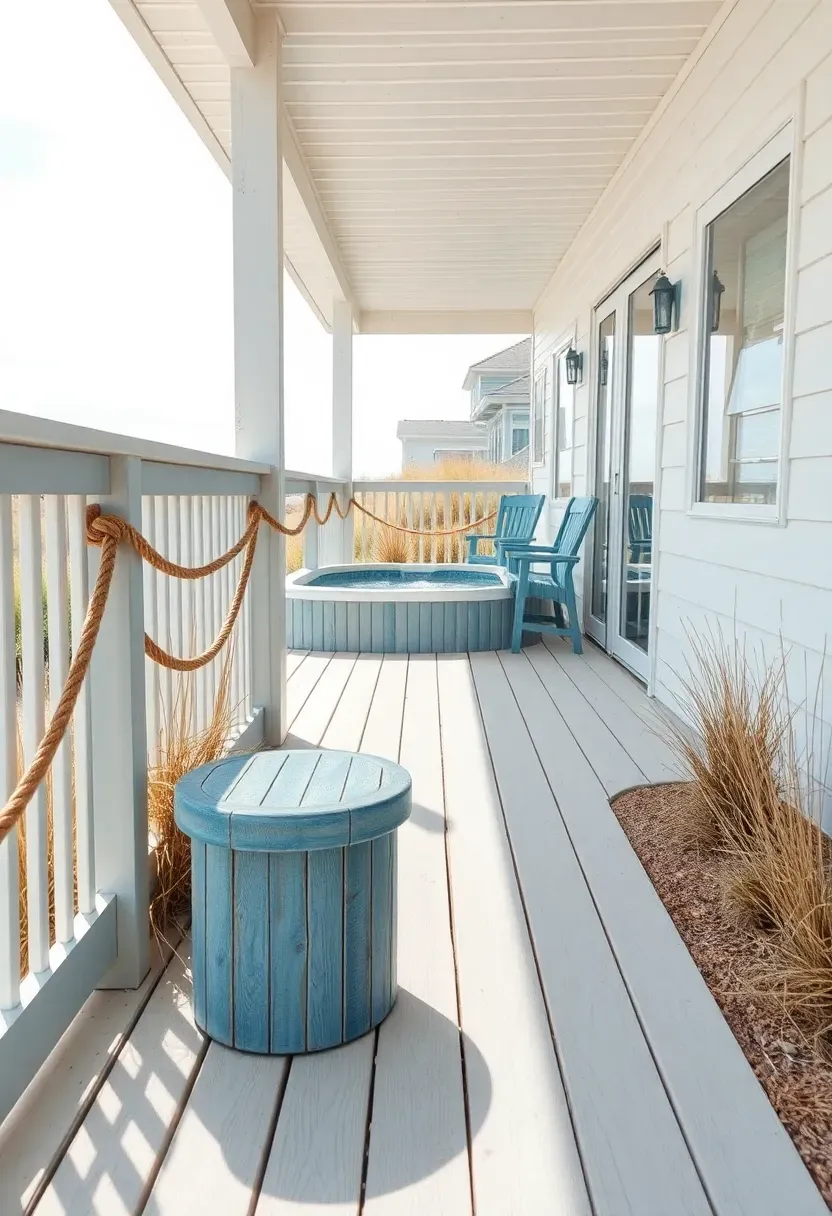 A coastal-style whitewashed deck with a swim spa, rope railing details, weathered blue accents, and dune grass plantings