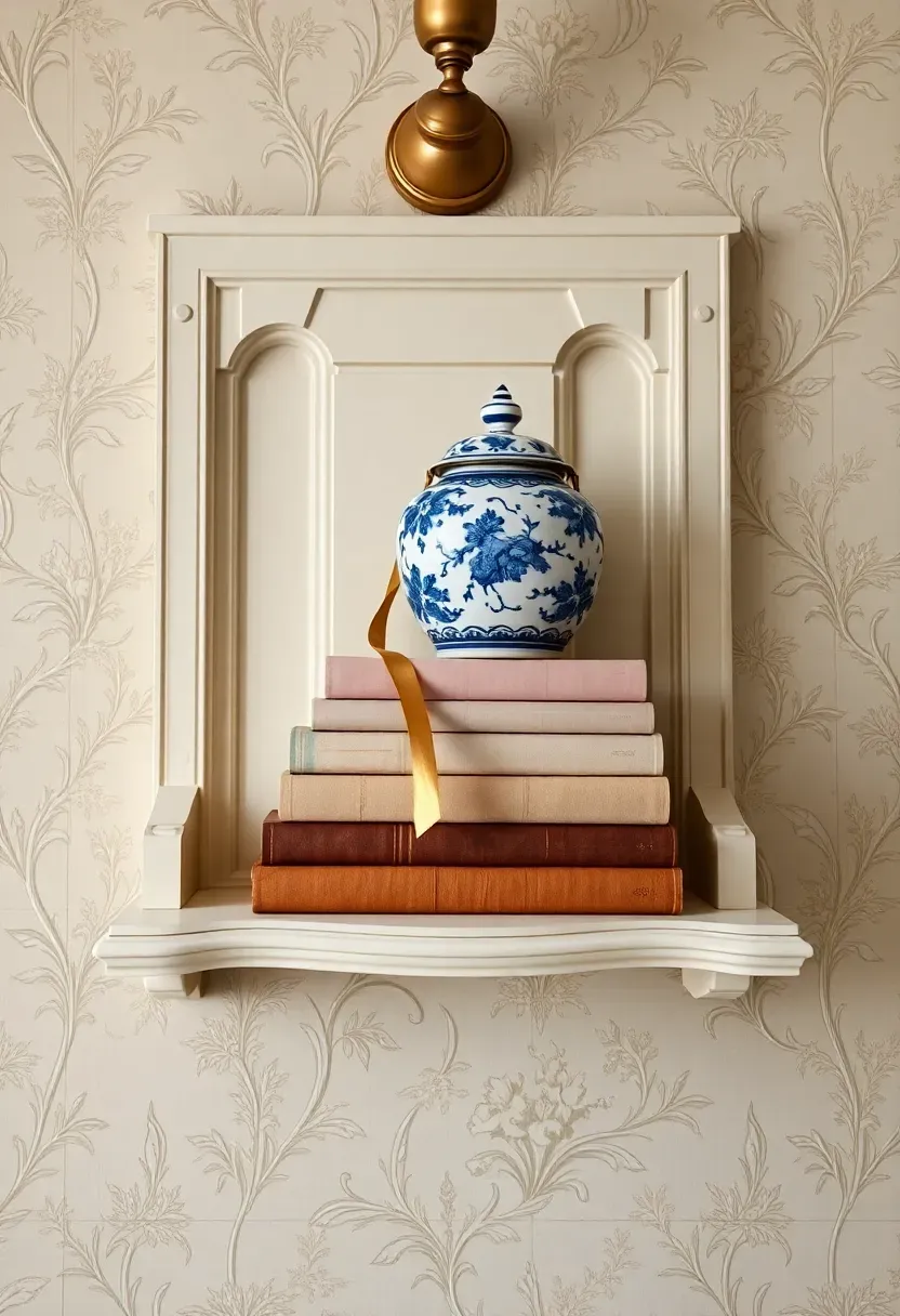 Grandmillennial book stack wall shelf with ivory carved bracket molding, cloth-bound books in muted hues, a chinoiserie cobalt blue ginger jar, and a brass ribbon bookmark on toile wallpaper wall