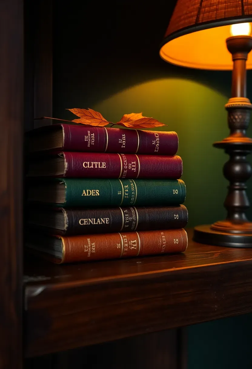 aged leather bound books with embossed gold spines on a dark oak shelf