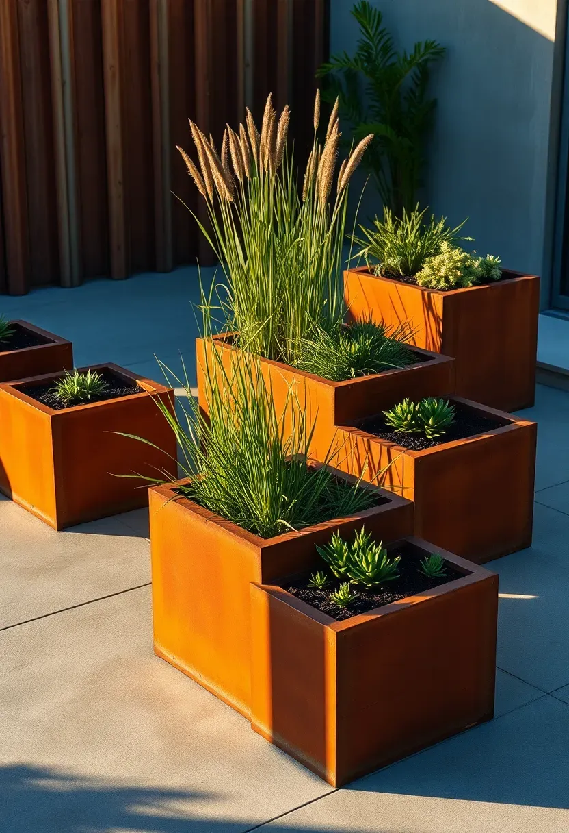 Sleek modern modular Corten steel raised garden beds with warm rusted patina arranged in staggered heights on a contemporary patio with ornamental grasses inside
