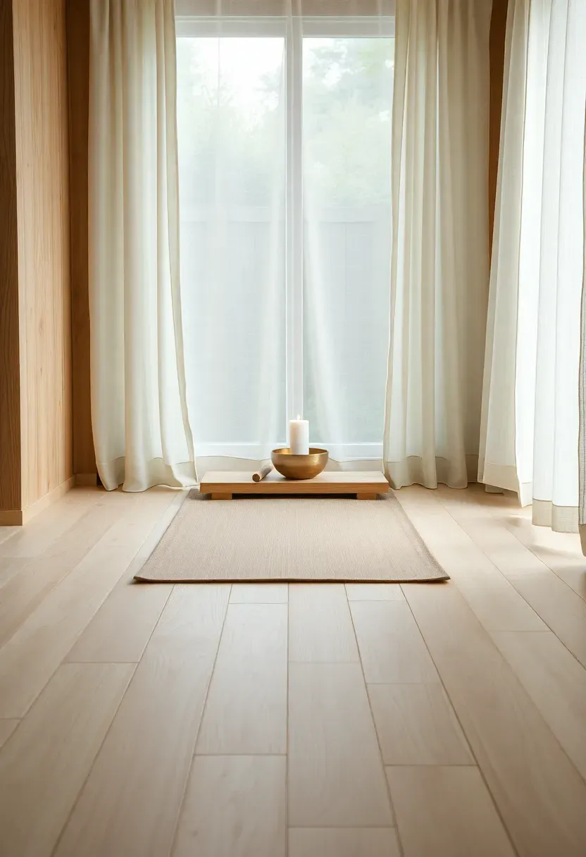 She shed yoga and meditation pod with pale ash flooring, rolled bamboo mat, teak altar shelf with brass singing bowl and white candle, sheer linen curtains