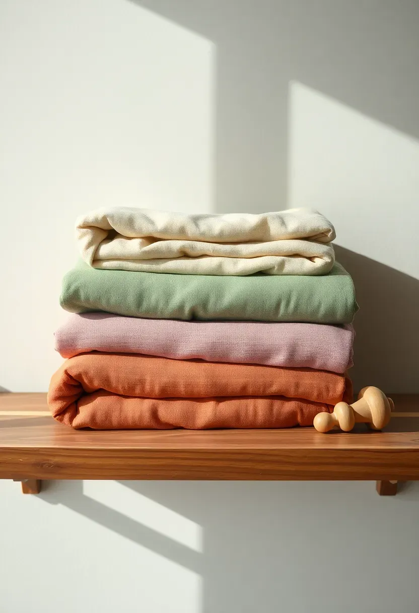 stack of folded organic muslin swaddle blankets in muted earth tones on a wooden nursery shelf